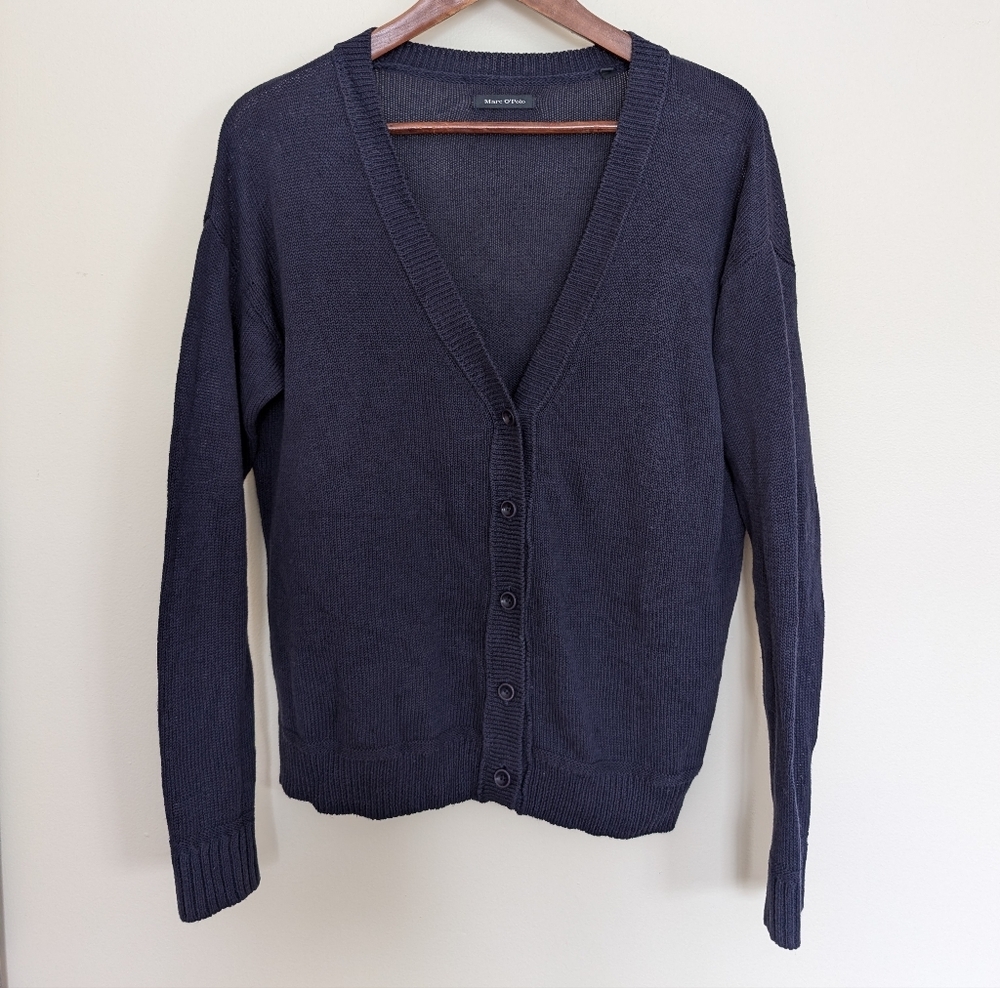 Marc O'Polo linen cotton v neck Cardigan knit sweater XL navy blue